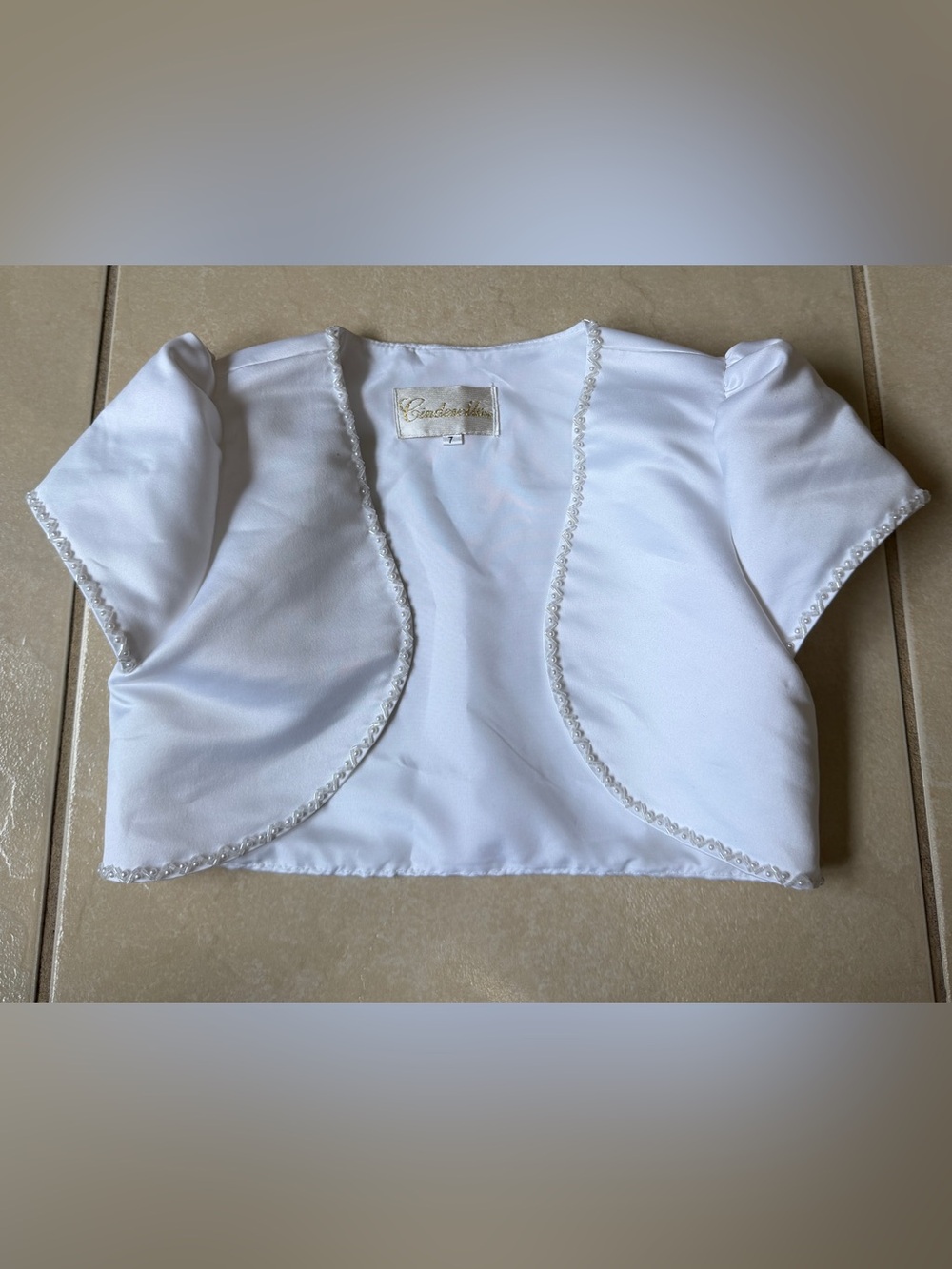 Cinderella Couture Girls 7 White Satin Bolero Jacket Shrug Pearl Trim Communion